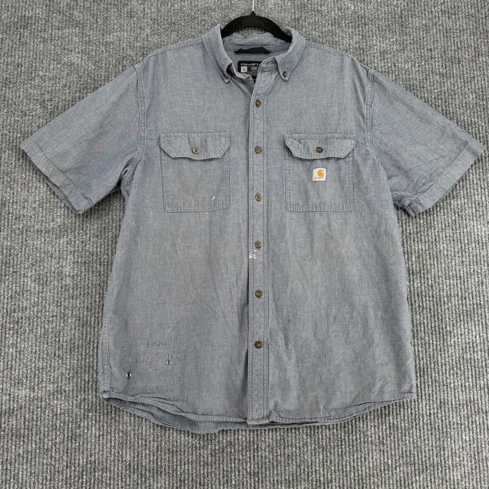 Carhartt Men's Chambray Work Shirt Large Loose Fit Short Sleeve Button Up Thrash